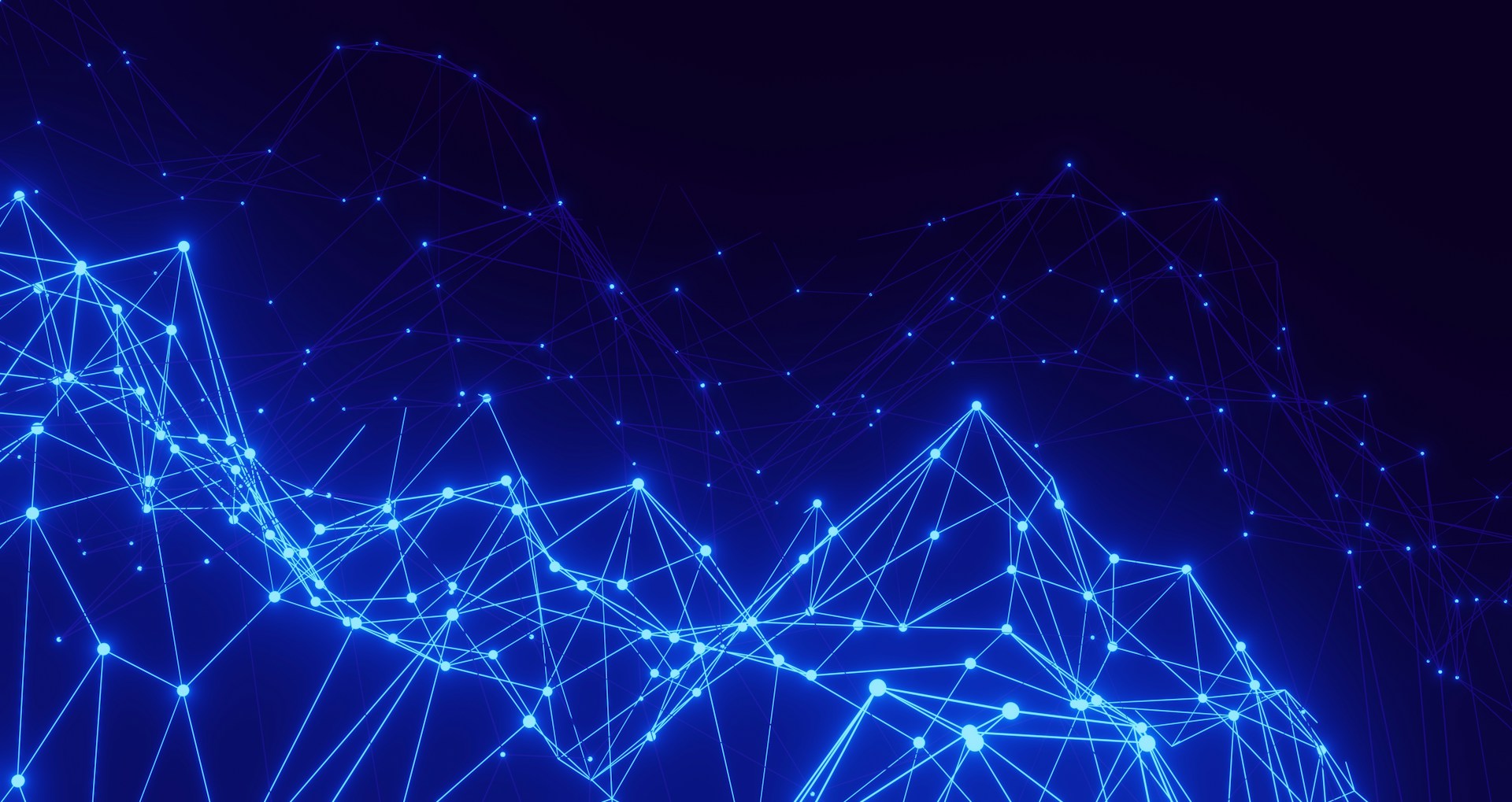 Abstract dark-blue network of glowing nodes and lines representing connected data