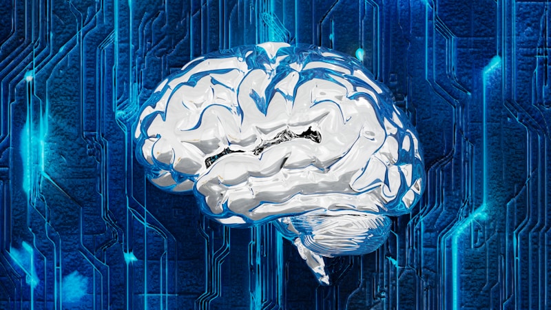 Translucent crystalline brain rendering on a glowing blue circuit-board background